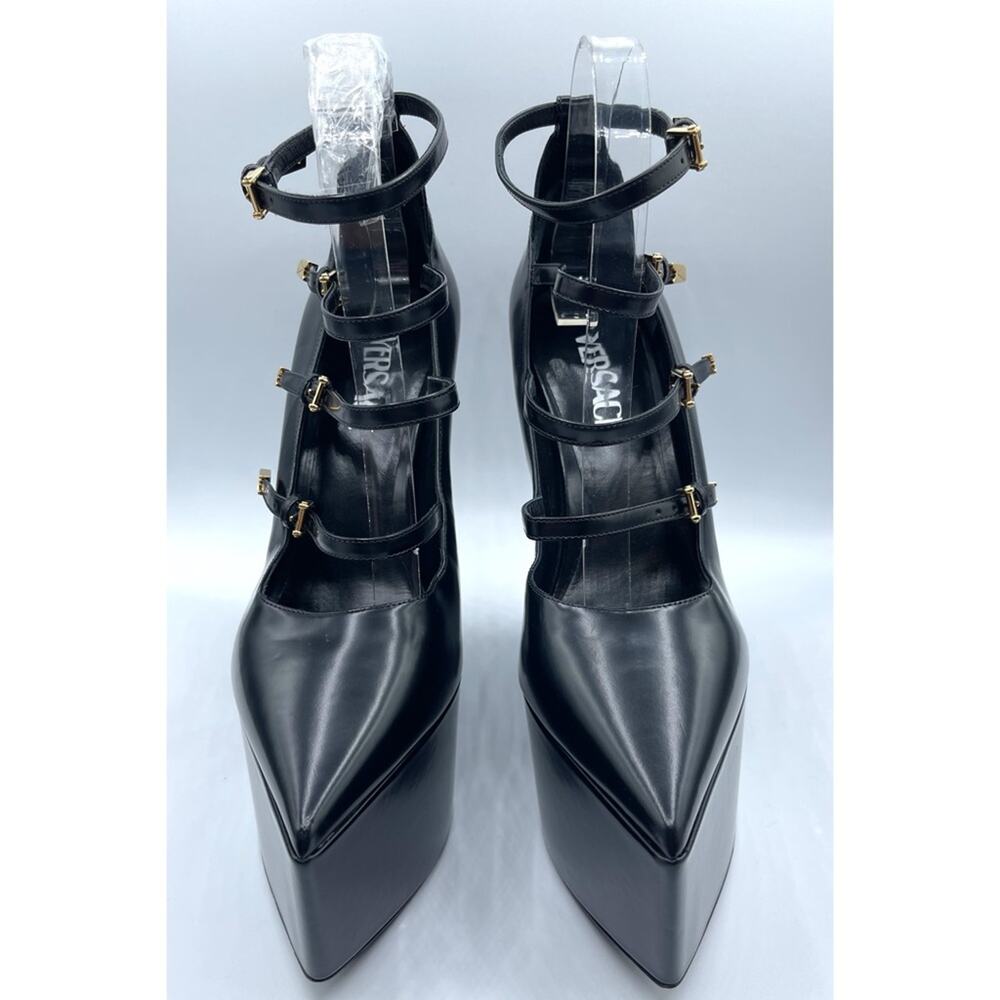 VERSACE Tempest Calf Leather Black Platform Pumps with Gold Hardware Size 39 - Picture 8 of 16